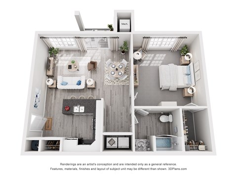 Floor plan for 1 bed, 1 bath, 837 sqft